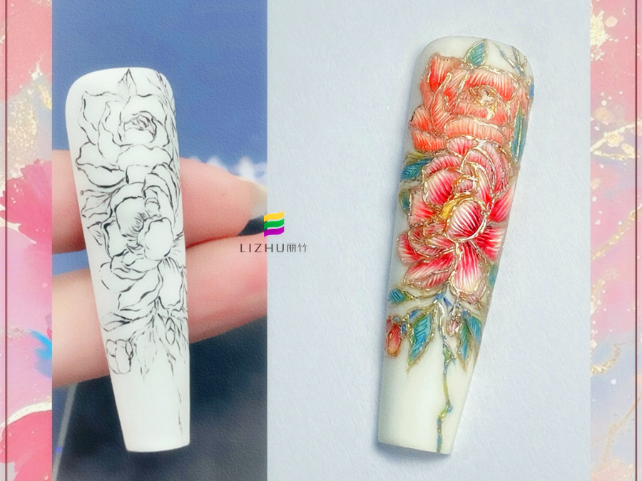 國(guó)風(fēng)刺繡牡丹美甲，廣西美甲設(shè)計(jì)學(xué)校作品