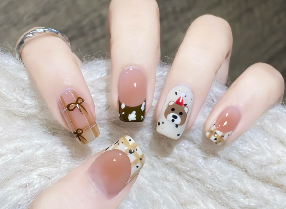 格紋手繪小熊美甲教程，南寧美甲教學(xué)分享