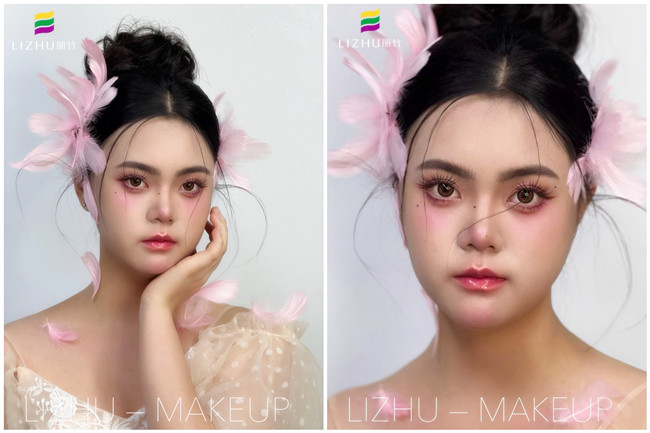 粉色羽毛寫(xiě)真作品，廣西學(xué)化妝操作